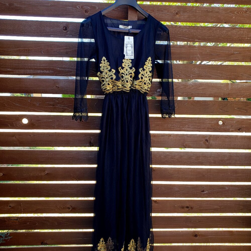 BNWT LUOMEDISHA embellished gold embroidered black netting maxi gown (M)
